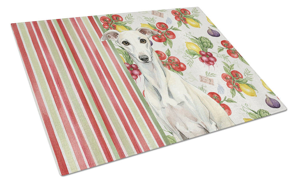 White Whippet Vegetables Cutting Board Tempered Glass Kitchen Cutting Surface, Heat Resistant Chopping, Non-Slip Feet, Food Prep & Serving
