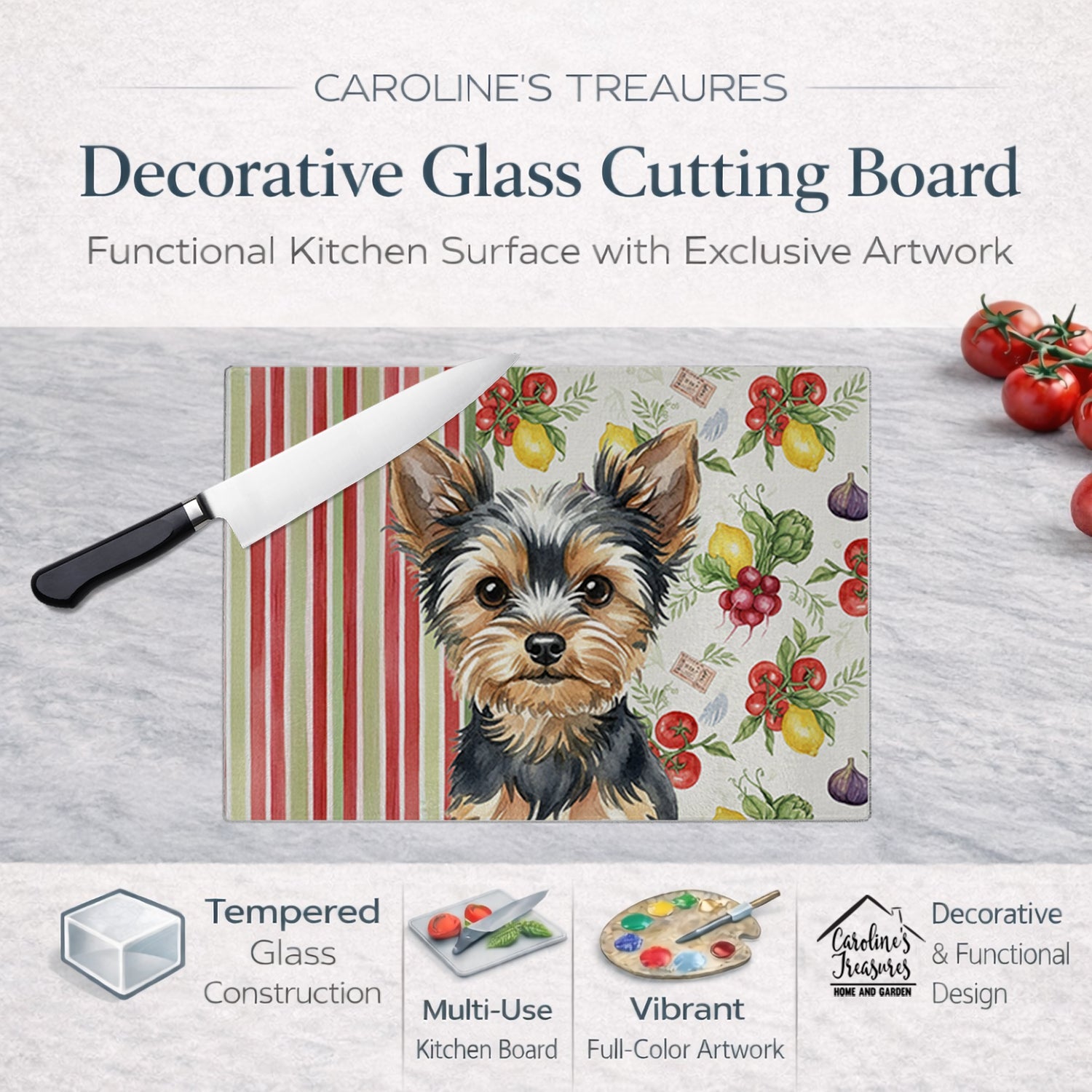 Black and Tan Yorkshire Terrier Vegetables Cutting Board Tempered Glass Kitchen Cutting Surface, Heat Resistant Chopping, Non-Slip Feet, Food Prep & Serving