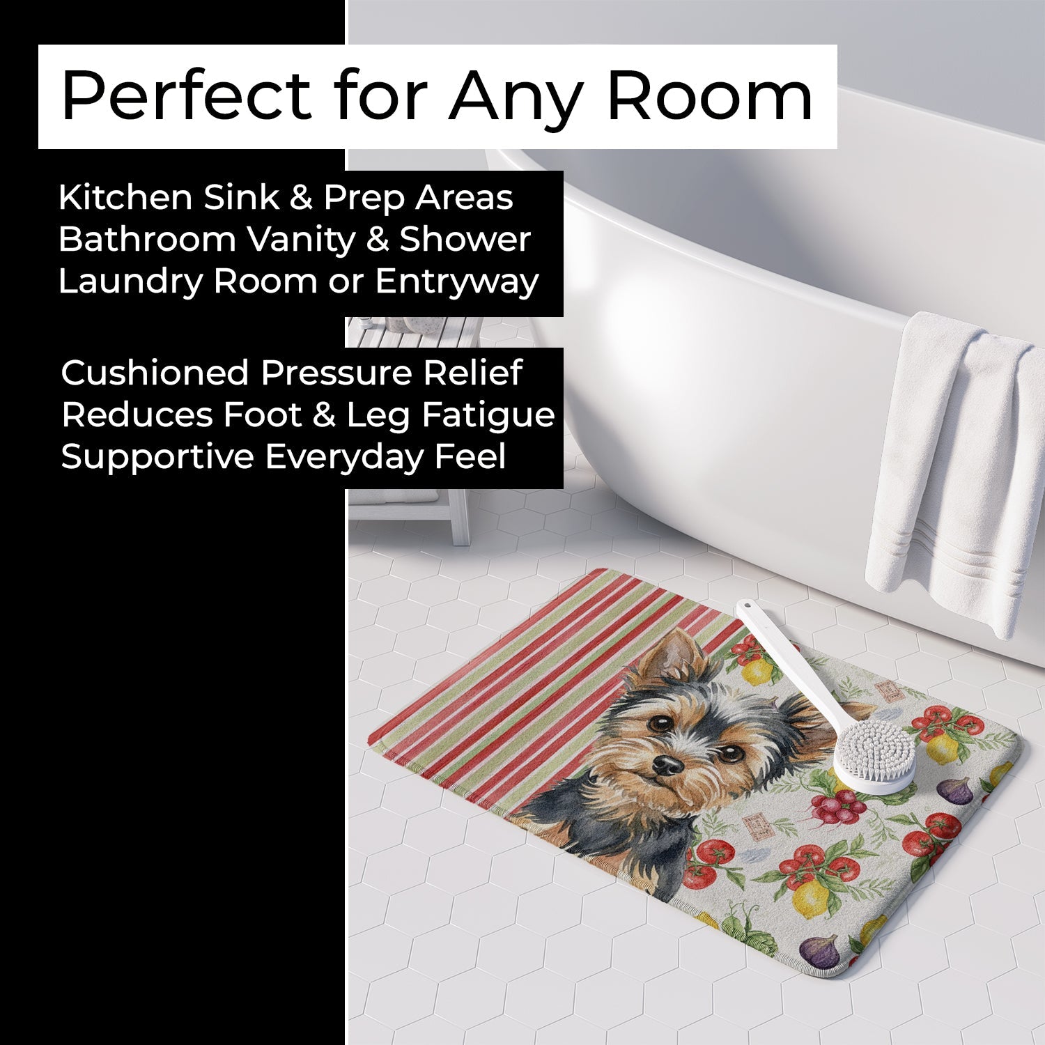 Black and Tan Yorkshire Terrier Vegetables Memory Foam Kitchen Mat Machine Washable Anti-Fatigue Cushion Comfort Bath or Kitchen Rug