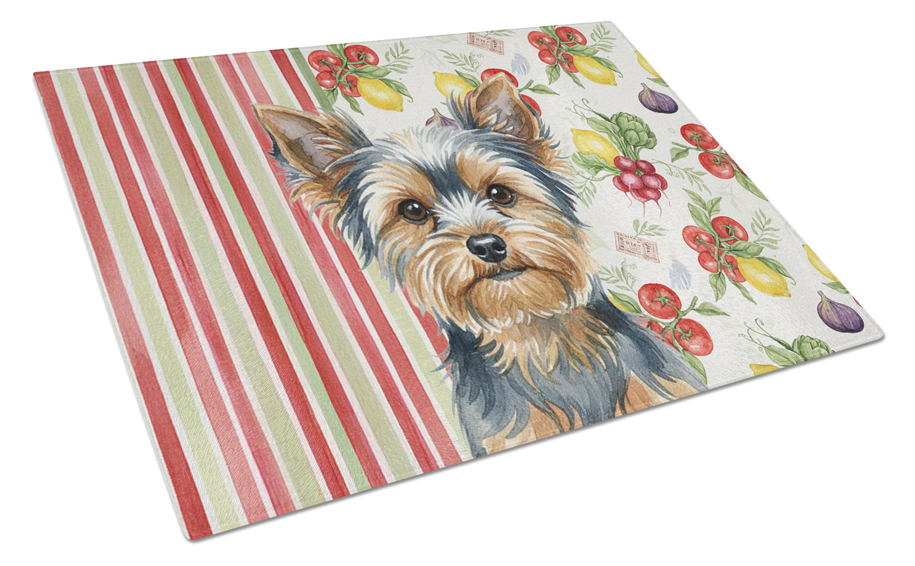 Blue and Tan Yorkshire Terrier Vegetables Cutting Board Tempered Glass Kitchen Cutting Surface, Heat Resistant Chopping, Non-Slip Feet, Food Prep & Serving