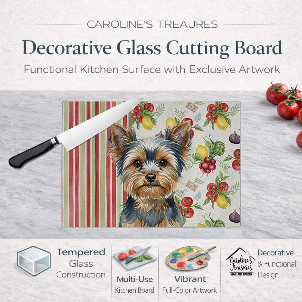 Blue and Tan Yorkshire Terrier Vegetables Cutting Board Tempered Glass Kitchen Cutting Surface, Heat Resistant Chopping, Non-Slip Feet, Food Prep & Serving