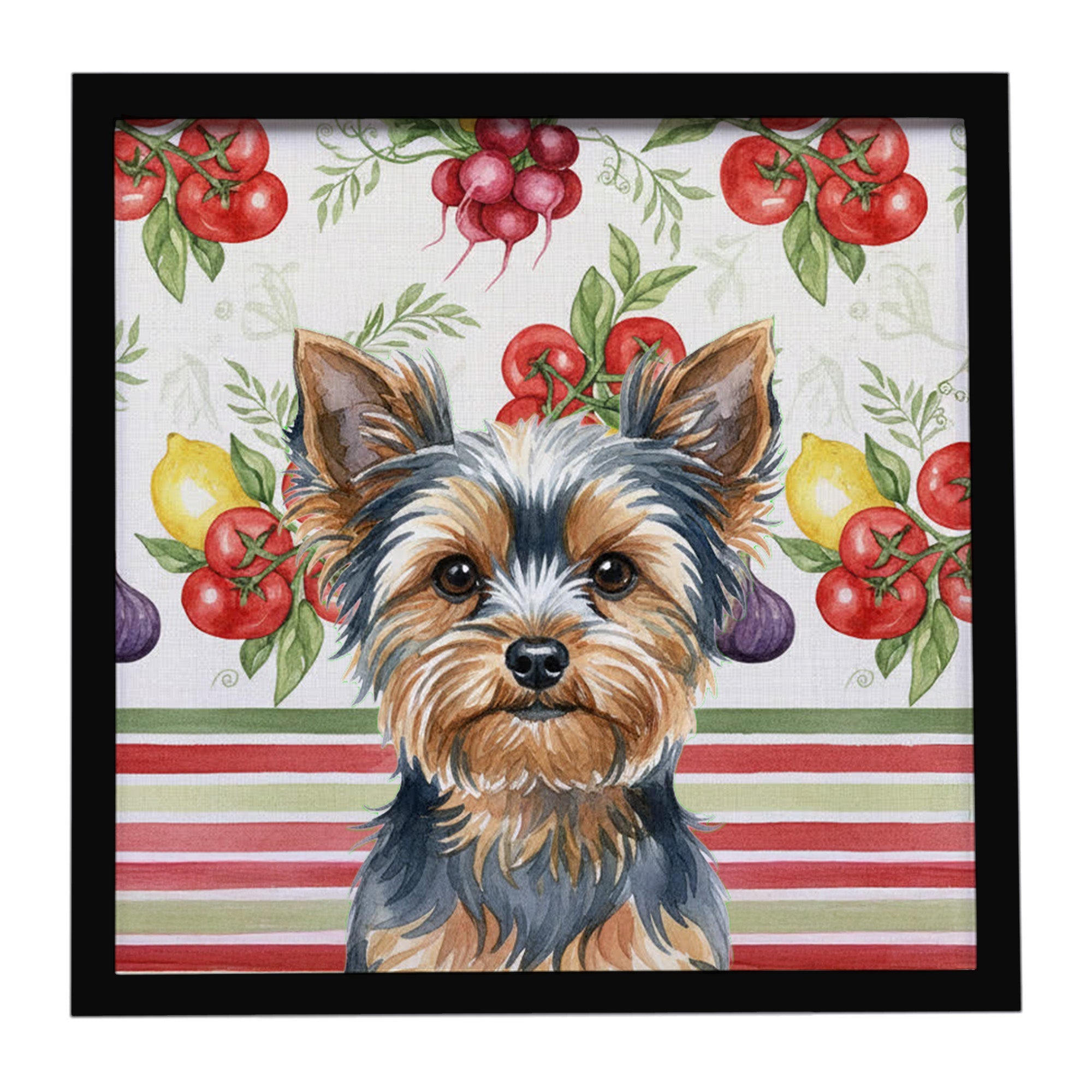 Blue and Tan Yorkshire Terrier Vegetables Framed Metal Print Bathroom, Kitchen, Office, Home Decor Wall Art Ready to Hang, Square, 8X8