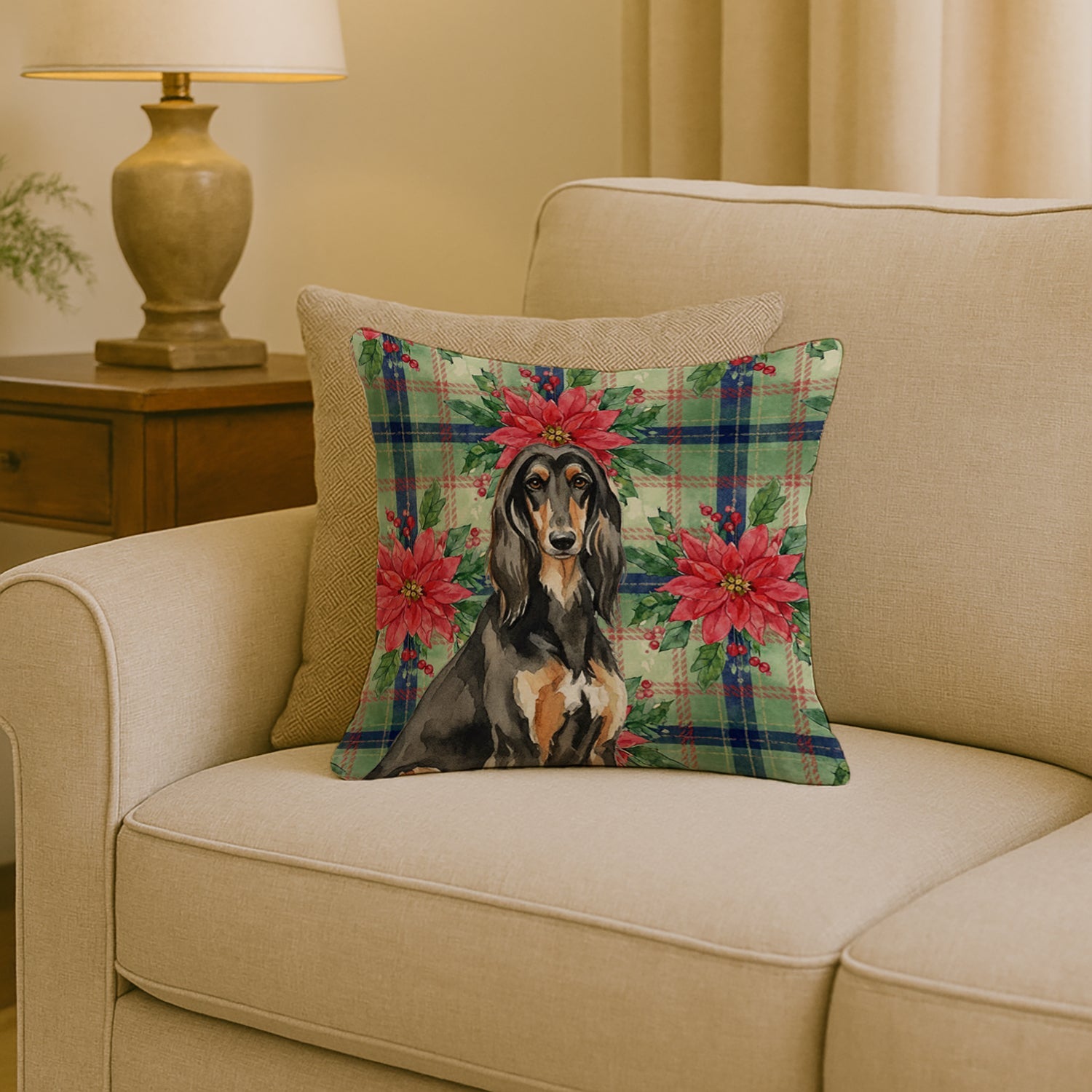 Black & Tan Afghan Hound Christmas PoinsettIas Decorative Throw Pillow 18x18 Indoor Outdoor Accent Cushion, Fabric Cover with Insert for Sofa, Bed, Porch & Living Room