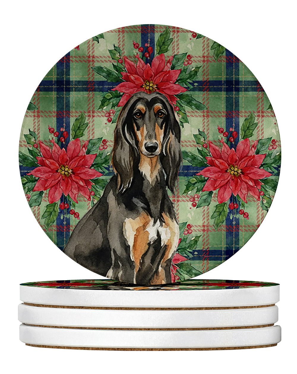 Black & Tan Afghan Hound Christmas PoinsettIas Large Sandstone Coasters Pack of 4 Absorbent Round Coasters Decor Gifts for Men or Women, 4 in, Multicolor