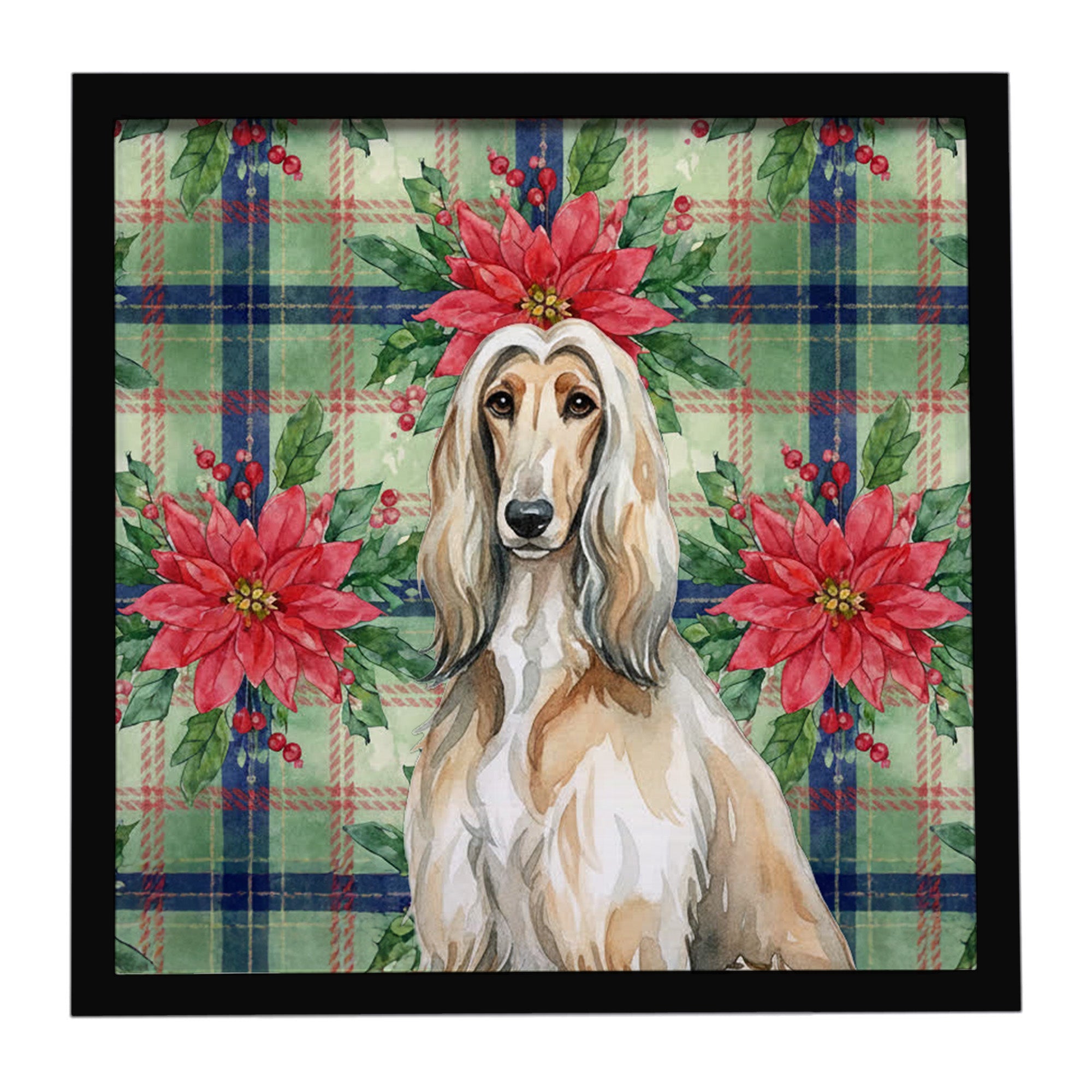 Afghan Hound Christmas PoinsettIas Framed Metal Print Bathroom, Kitchen, Office, Home Decor Wall Art Ready to Hang, Square, 8X8