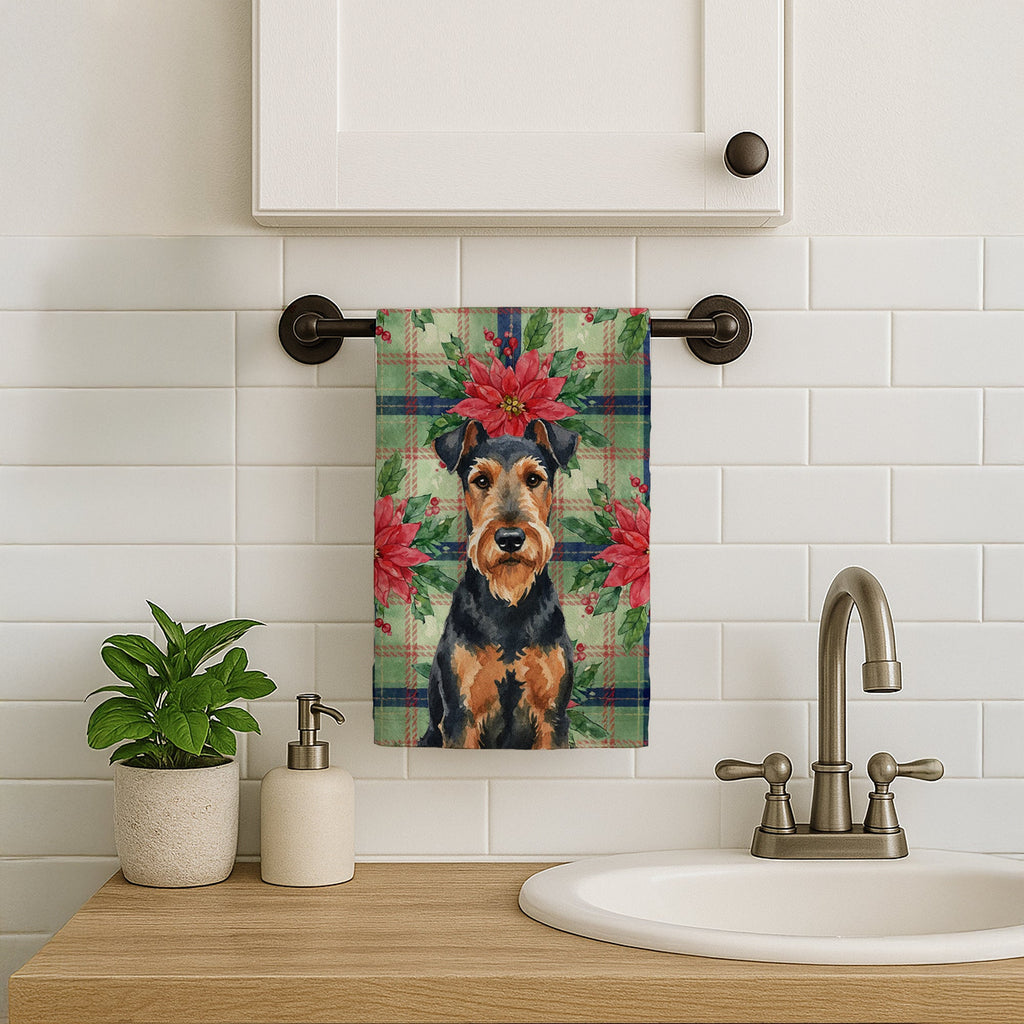Airedale Terrier Christmas PoinsettIas Kitchen Towel Velour Plush Front and Cotton Loop Back Machine Washable