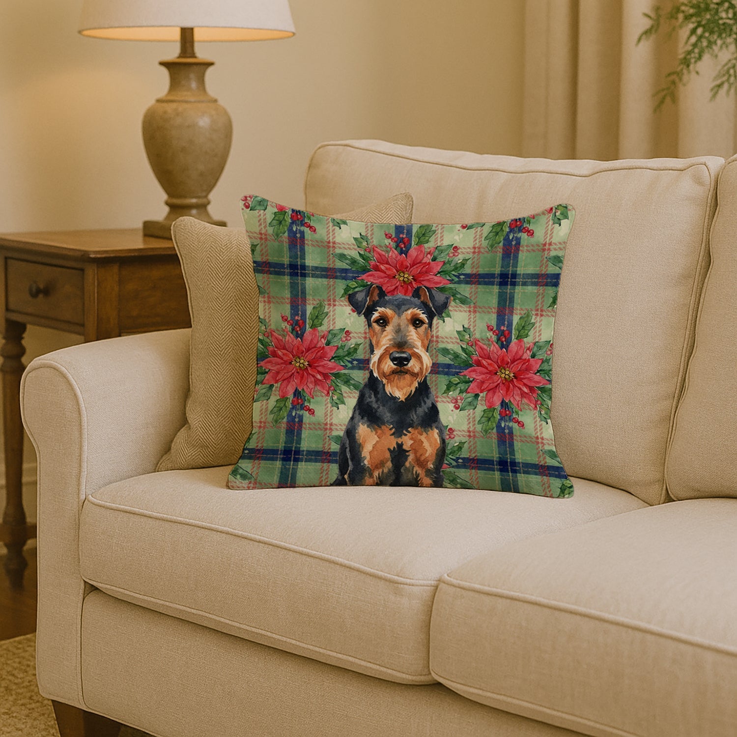 Airedale Terrier Christmas PoinsettIas Decorative Throw Pillow 14x14 Indoor Outdoor Accent Cushion, Fabric Cover with Insert for Sofa, Bed, Porch & Living Room