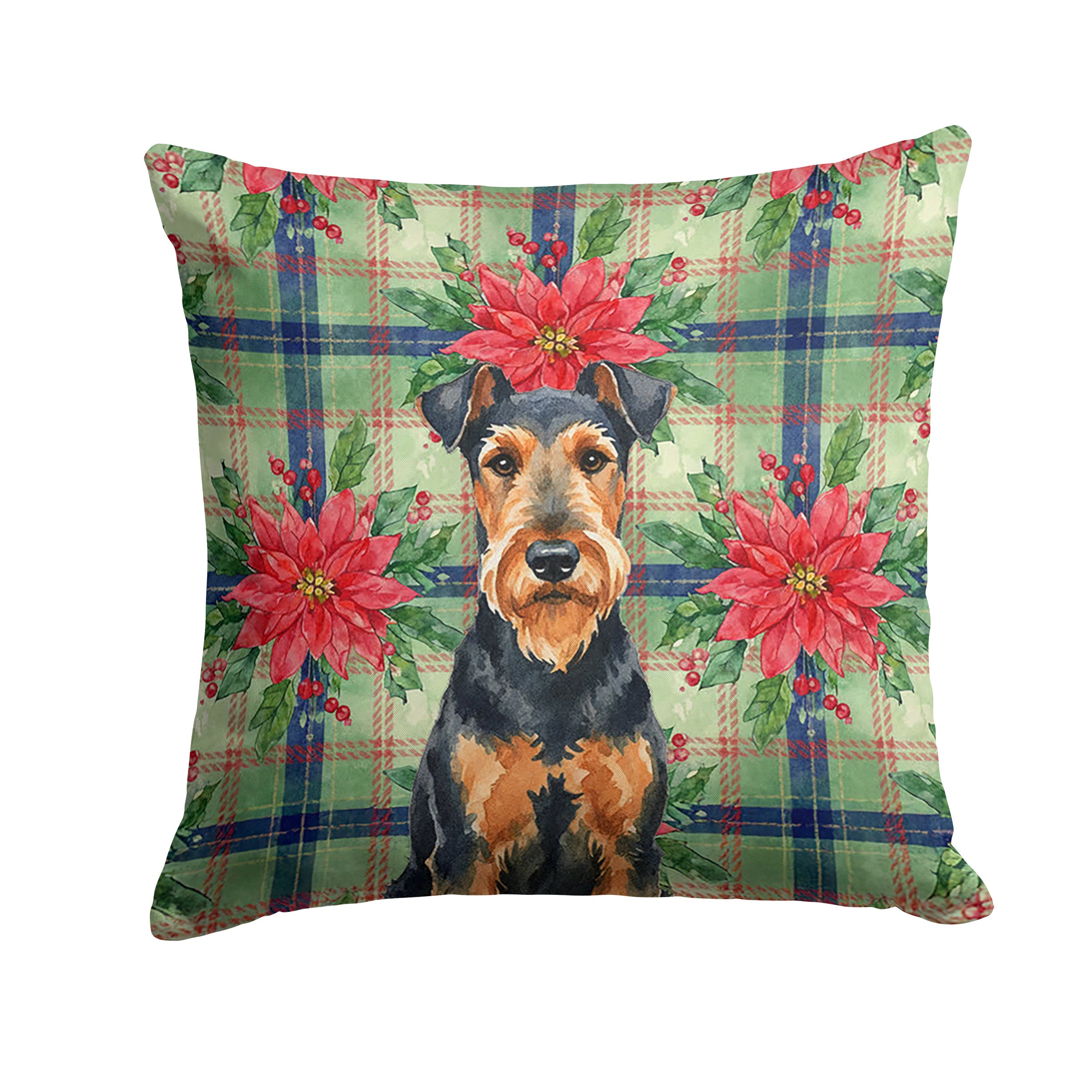 Airedale Terrier Christmas PoinsettIas Decorative Throw Pillow 18x18 Indoor Outdoor Accent Cushion, Fabric Cover with Insert for Sofa, Bed, Porch & Living Room