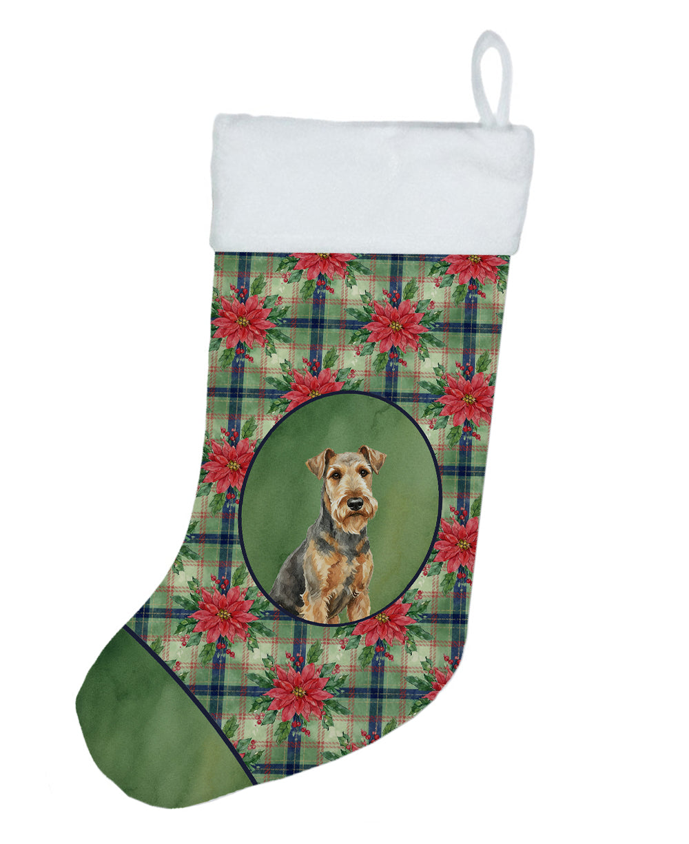 Grizzle Airedale Terrier Christmas PoinsettIas Holiday Stocking Double-Sided Print, Polyester Suede,11x18, Made in USA