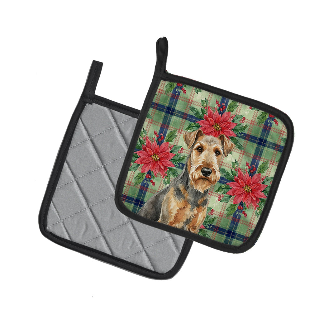 Grizzle Airedale Terrier Christmas PoinsettIas Pot Holder Set of 2 Heat Resistant Quilted Hot Pads 7.5 x 7.5 Inch, Insulated Kitchen Trivets for Cooking & Baking