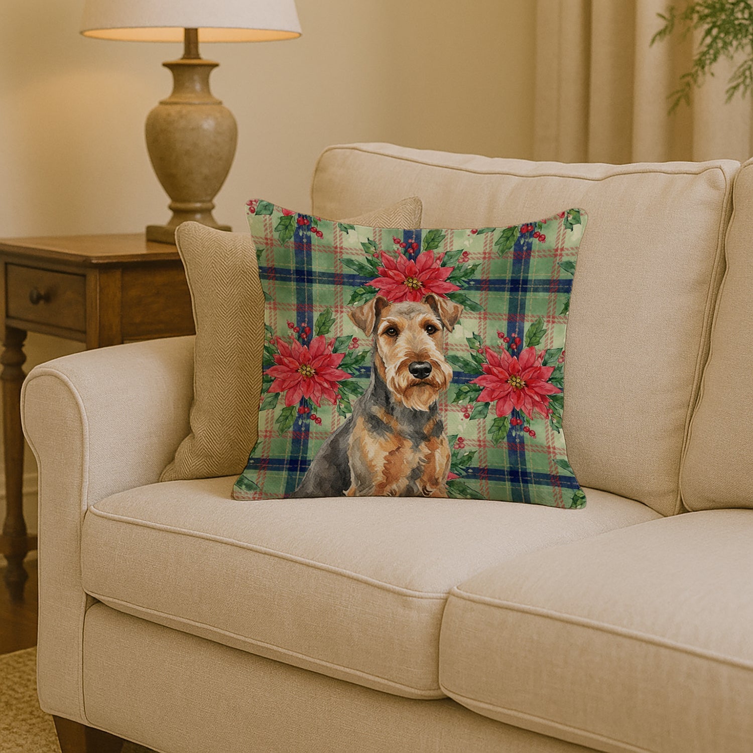 Grizzle Airedale Terrier Christmas PoinsettIas Decorative Throw Pillow 14x14 Indoor Outdoor Accent Cushion, Fabric Cover with Insert for Sofa, Bed, Porch & Living Room