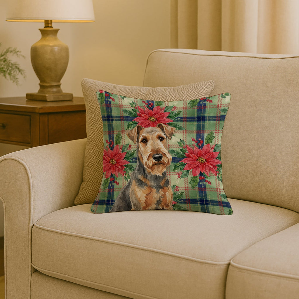 Grizzle Airedale Terrier Christmas PoinsettIas Decorative Throw Pillow 18x18 Indoor Outdoor Accent Cushion, Fabric Cover with Insert for Sofa, Bed, Porch & Living Room
