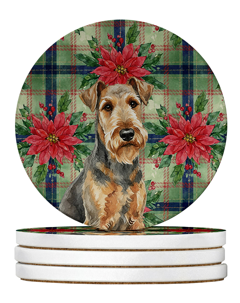 Grizzle Airedale Terrier Christmas PoinsettIas Large Sandstone Coasters Pack of 4 Absorbent Round Coasters Decor Gifts for Men or Women, 4 in, Multicolor