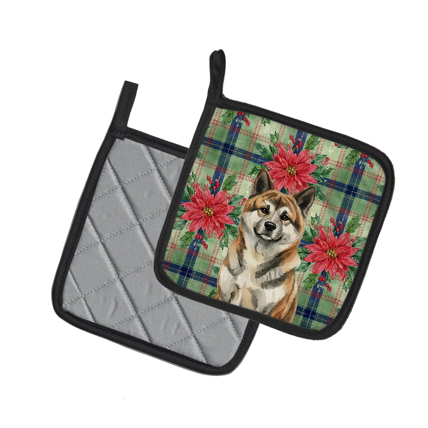 Brindle Akita Christmas PoinsettIas Pot Holder Set of 2 Heat Resistant Quilted Hot Pads 7.5 x 7.5 Inch, Insulated Kitchen Trivets for Cooking & Baking