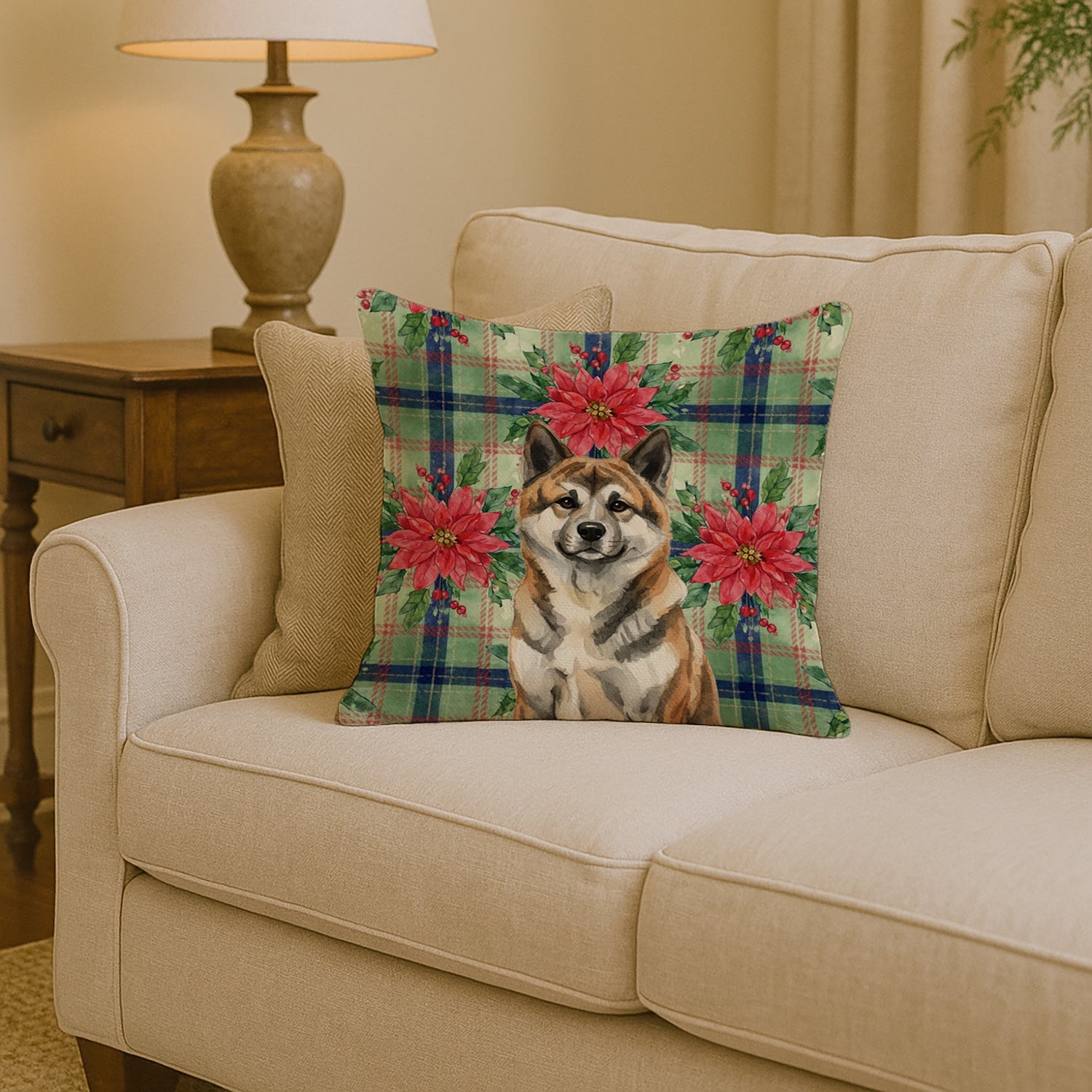 Brindle Akita Christmas PoinsettIas Decorative Throw Pillow 14x14 Indoor Outdoor Accent Cushion, Fabric Cover with Insert for Sofa, Bed, Porch & Living Room