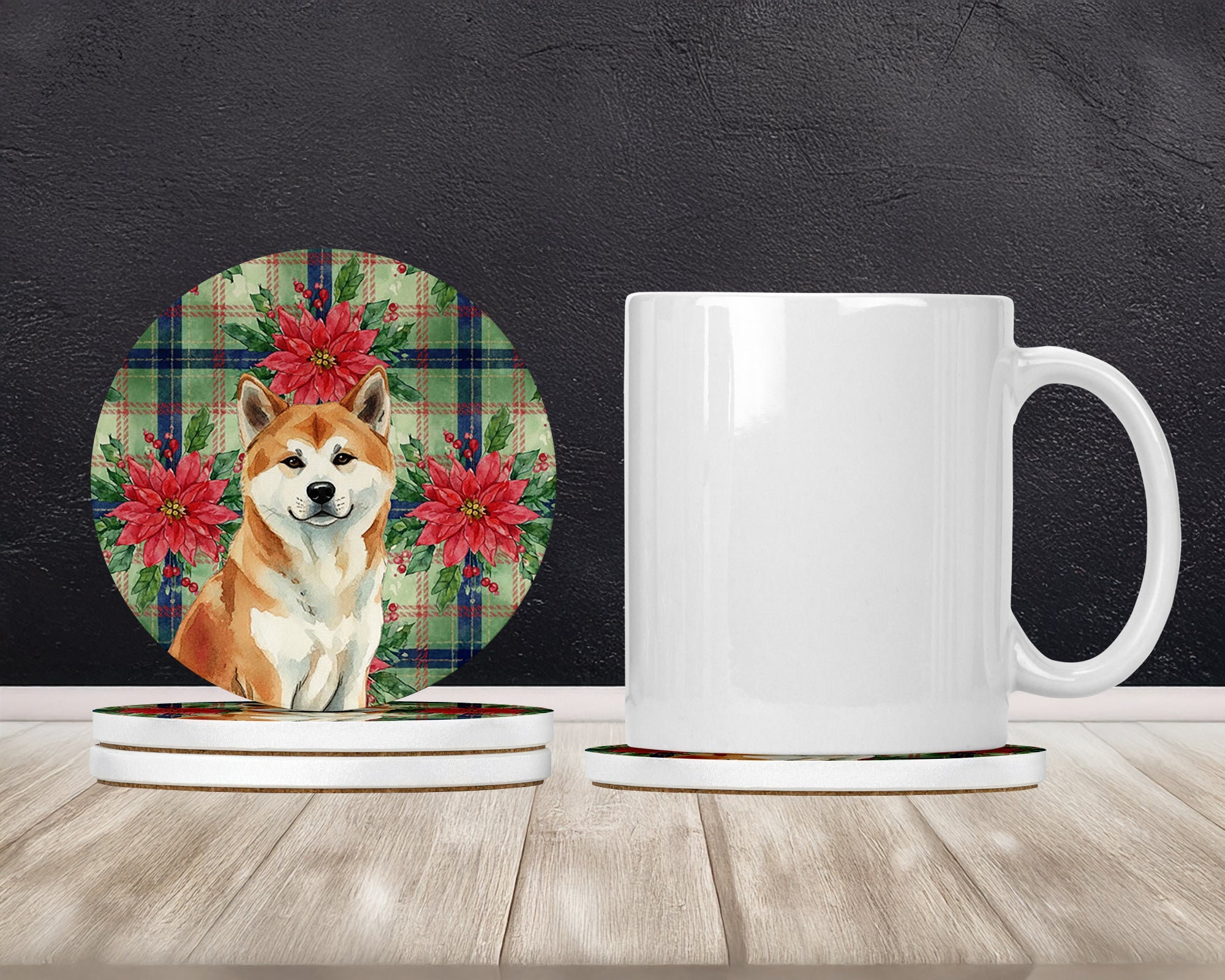 Red Akita Christmas PoinsettIas Large Sandstone Coasters Pack of 4 Absorbent Round Coasters Decor Gifts for Men or Women, 4 in, Multicolor