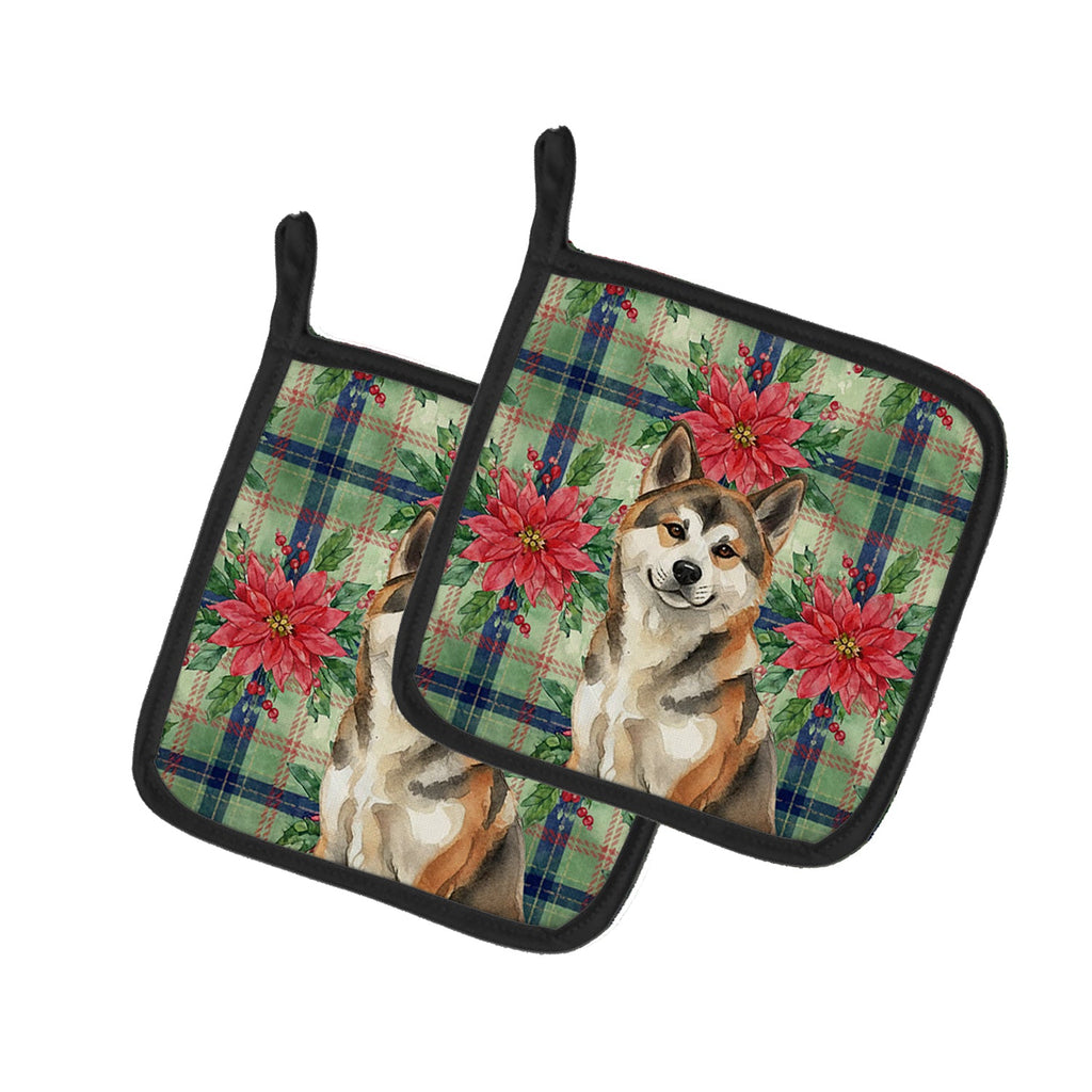 Sesame Akita Christmas PoinsettIas Pot Holder Set of 2 Heat Resistant Quilted Hot Pads 7.5 x 7.5 Inch, Insulated Kitchen Trivets for Cooking & Baking