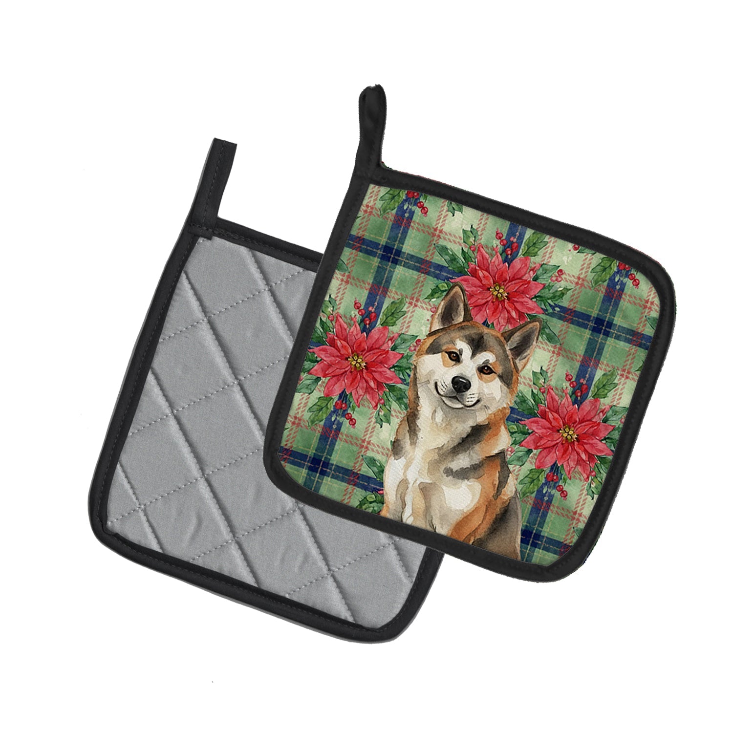 Sesame Akita Christmas PoinsettIas Pot Holder Set of 2 Heat Resistant Quilted Hot Pads 7.5 x 7.5 Inch, Insulated Kitchen Trivets for Cooking & Baking