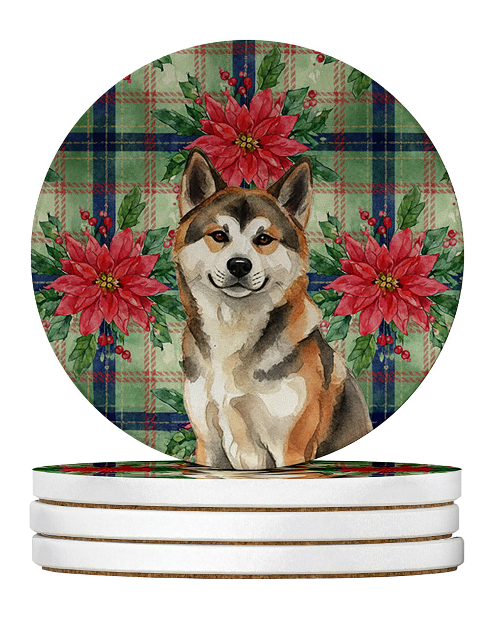 Sesame Akita Christmas PoinsettIas Large Sandstone Coasters Pack of 4 Absorbent Round Coasters Decor Gifts for Men or Women, 4 in, Multicolor