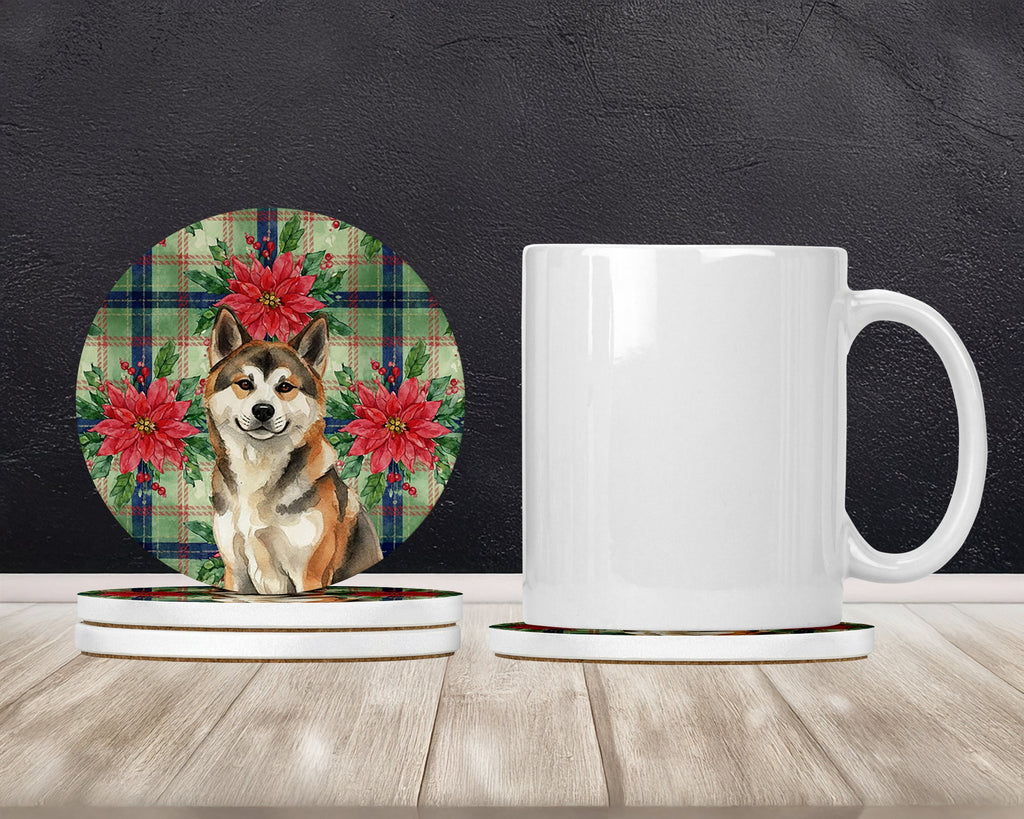Sesame Akita Christmas PoinsettIas Large Sandstone Coasters Pack of 4 Absorbent Round Coasters Decor Gifts for Men or Women, 4 in, Multicolor