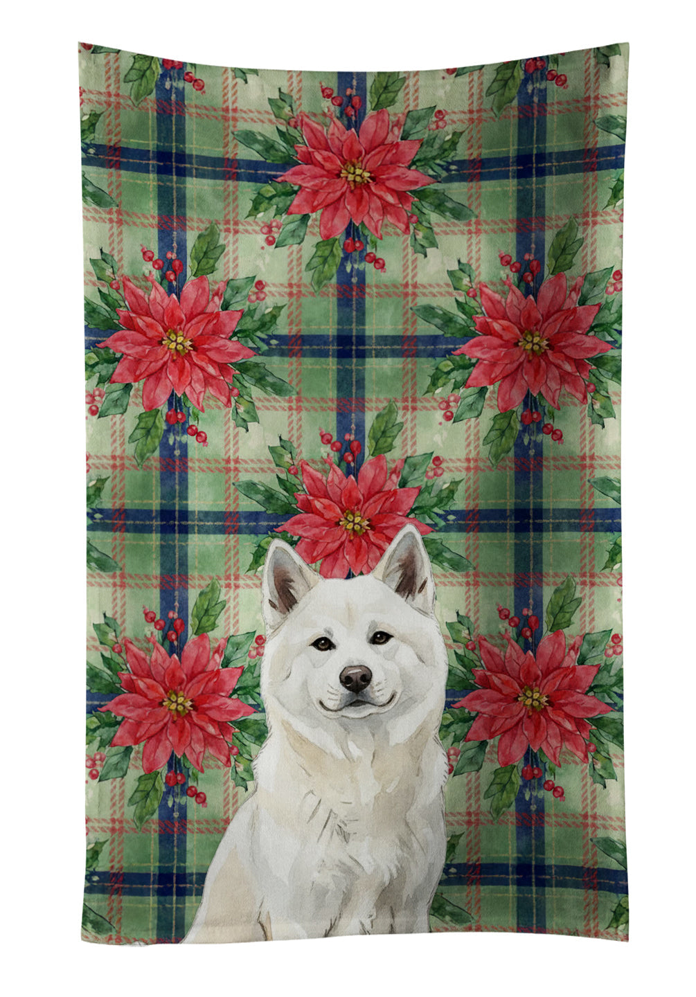 White Akita Christmas PoinsettIas Kitchen Towel Velour Plush Front and Cotton Loop Back Machine Washable