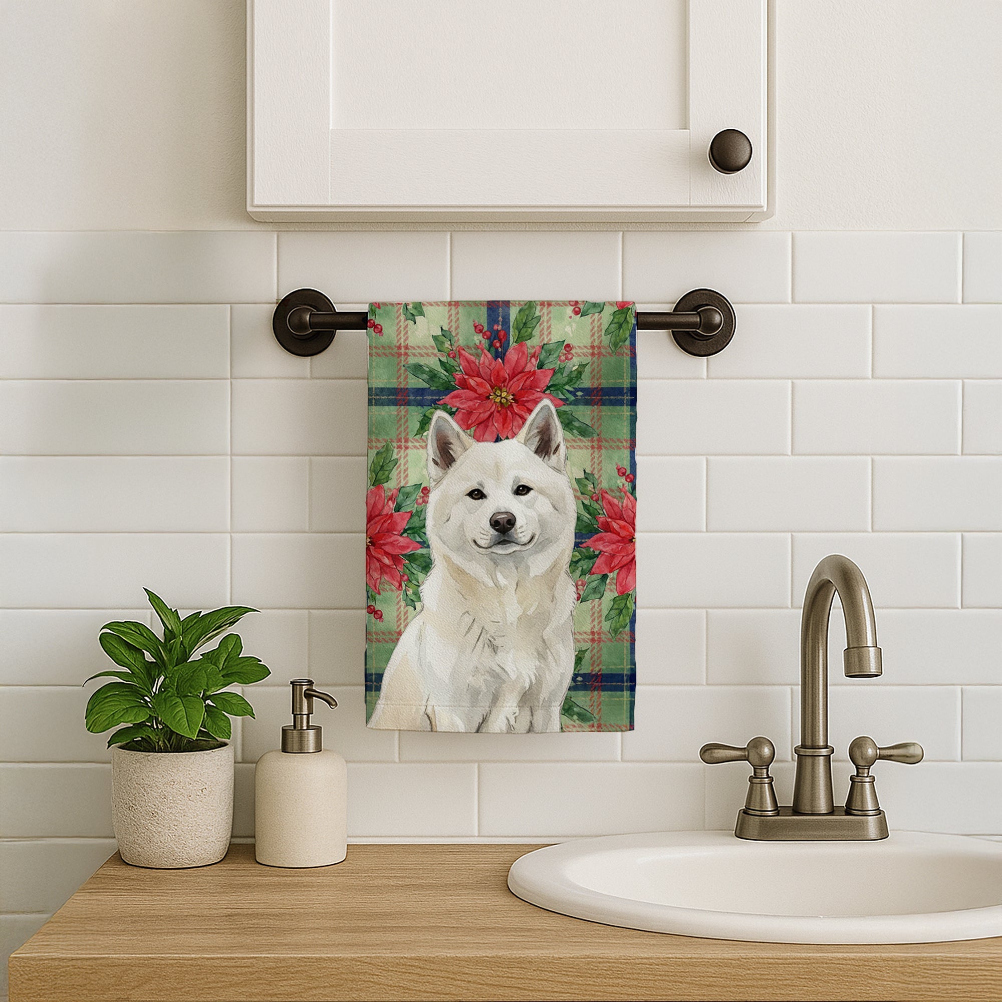White Akita Christmas PoinsettIas Kitchen Towel Velour Plush Front and Cotton Loop Back Machine Washable