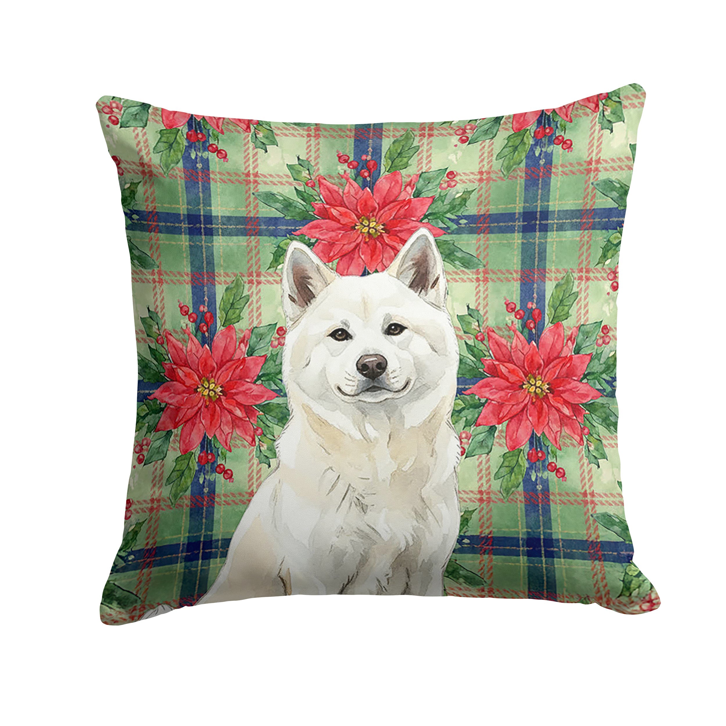 White Akita Christmas PoinsettIas Decorative Throw Pillow 18x18 Indoor Outdoor Accent Cushion, Fabric Cover with Insert for Sofa, Bed, Porch & Living Room