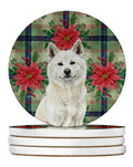 White Akita Christmas PoinsettIas Large Sandstone Coasters Pack of 4 Absorbent Round Coasters Decor Gifts for Men or Women, 4 in, Multicolor
