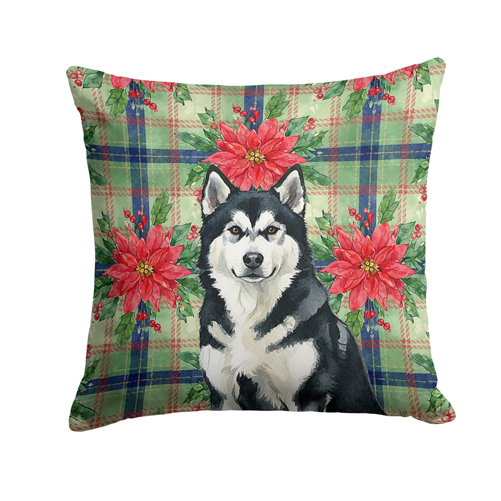 Black and White Alaskan Malamute Christmas PoinsettIas Decorative Throw Pillow 14x14 Indoor Outdoor Accent Cushion, Fabric Cover with Insert for Sofa, Bed, Porch & Living Room