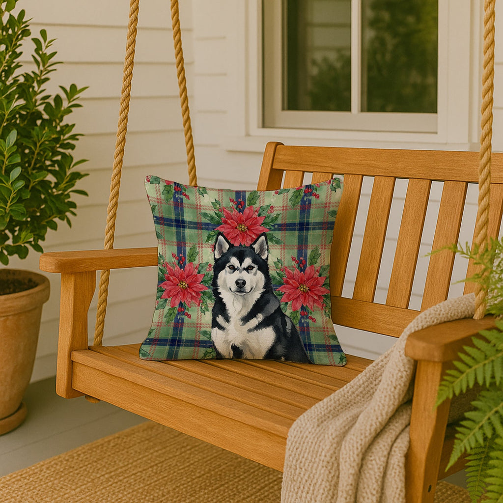 Black and White Alaskan Malamute Christmas PoinsettIas Decorative Throw Pillow 18x18 Indoor Outdoor Accent Cushion, Fabric Cover with Insert for Sofa, Bed, Porch & Living Room