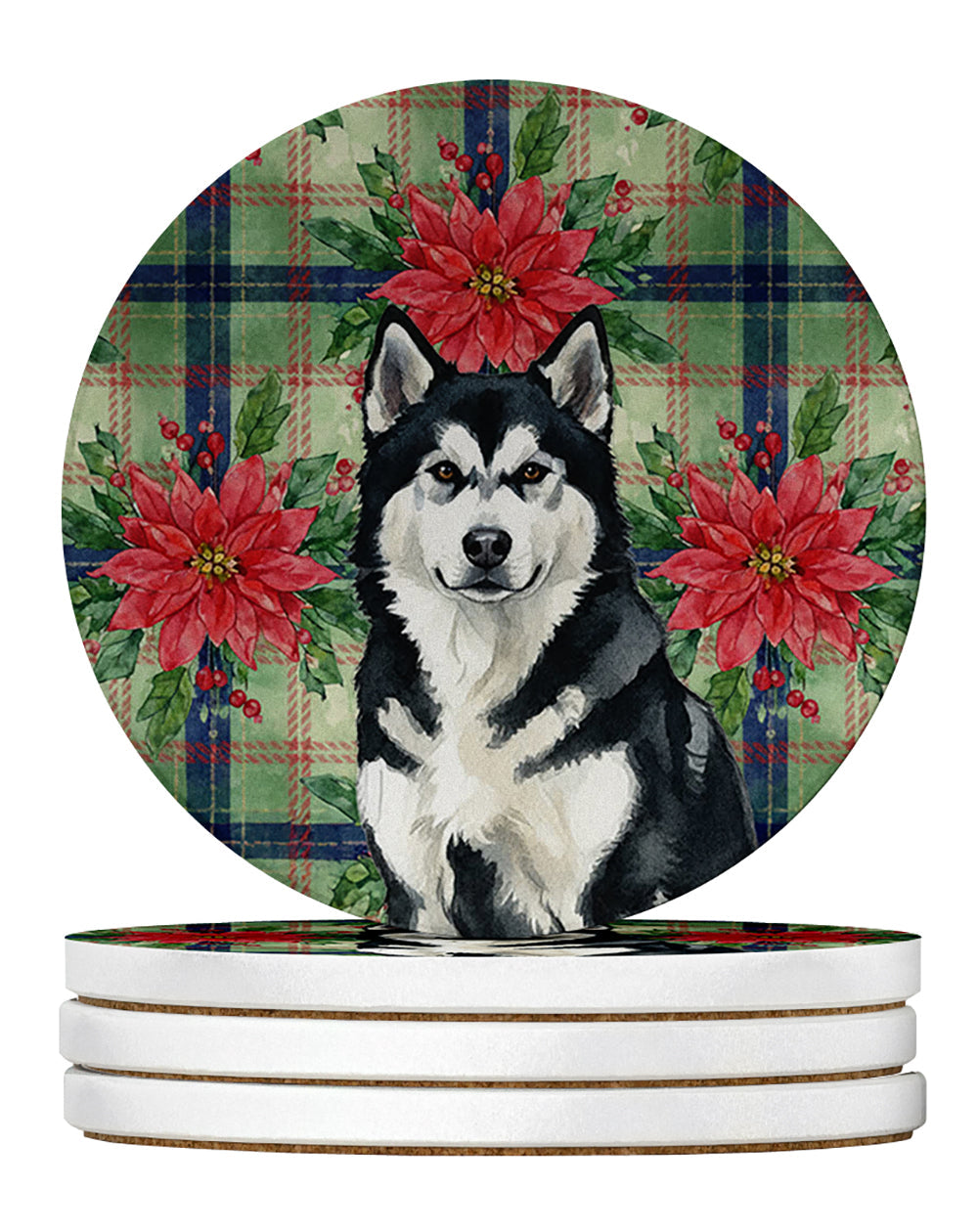 Black and White Alaskan Malamute Christmas PoinsettIas Large Sandstone Coasters Pack of 4 Absorbent Round Coasters Decor Gifts for Men or Women, 4 in, Multicolor