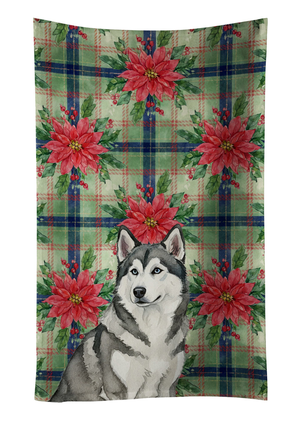 Gray and White Alaskan Malamute Christmas PoinsettIas Kitchen Towel Velour Plush Front and Cotton Loop Back Machine Washable