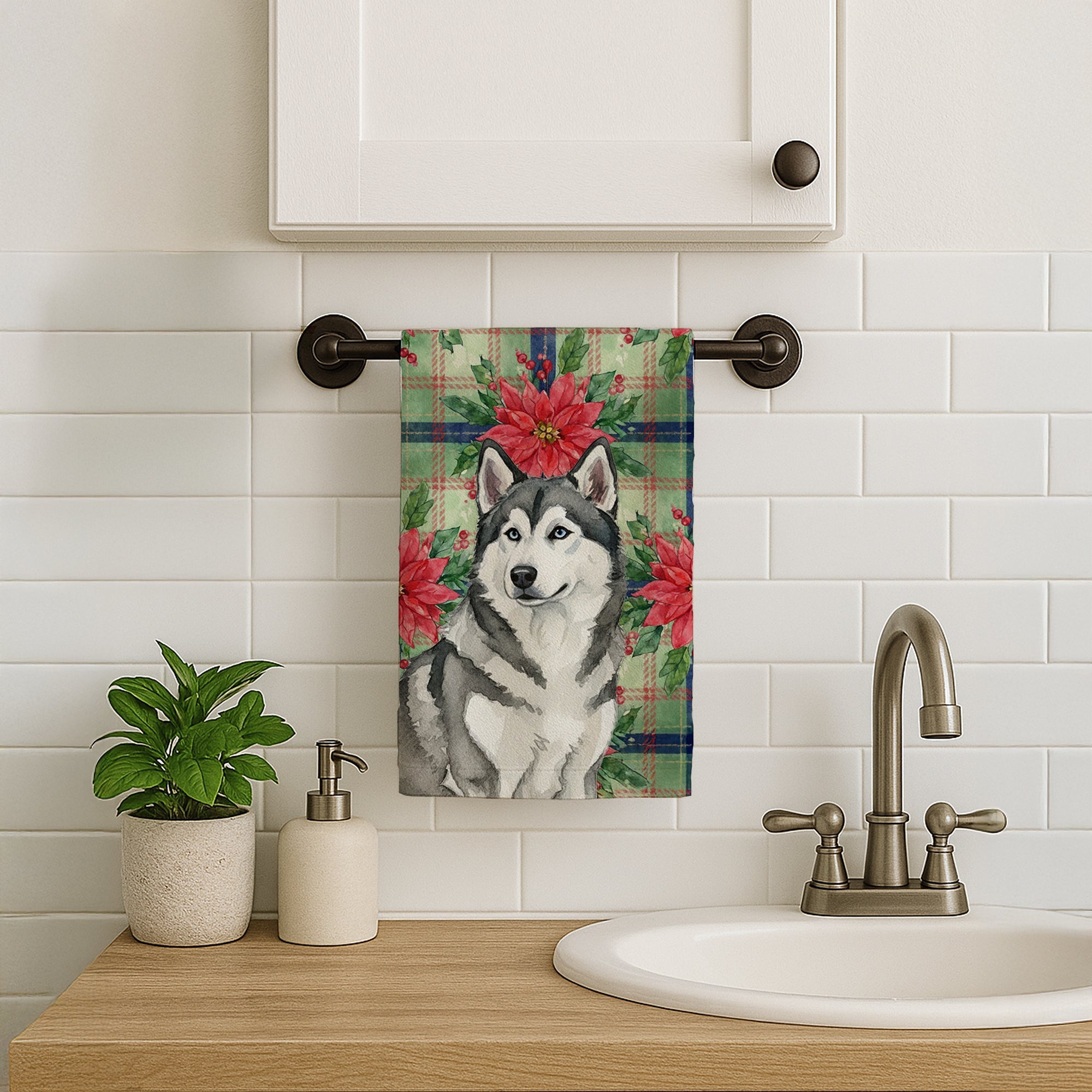 Gray and White Alaskan Malamute Christmas PoinsettIas Kitchen Towel Velour Plush Front and Cotton Loop Back Machine Washable