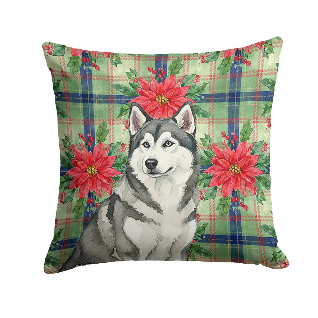 Gray and White Alaskan Malamute Christmas PoinsettIas Decorative Throw Pillow 14x14 Indoor Outdoor Accent Cushion, Fabric Cover with Insert for Sofa, Bed, Porch & Living Room