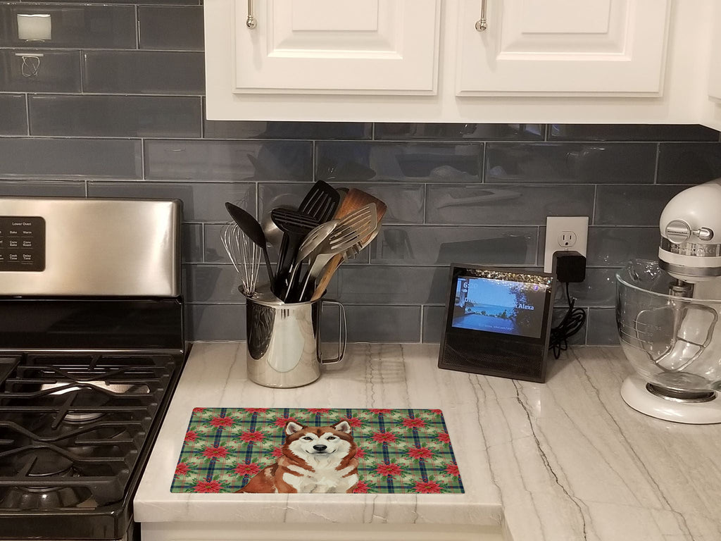 Red and White Alaskan Malamute Christmas Poinsettas Cutting Board Tempered Glass Kitchen Cutting Surface, Heat Resistant Chopping, Non-Slip Feet, Food Prep & Serving