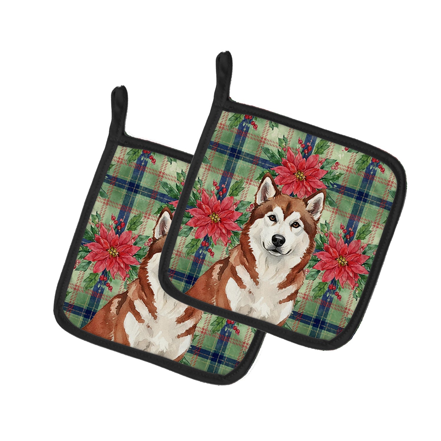 Red and White Alaskan Malamute Christmas Poinsettas Pot Holder Set of 2 Heat Resistant Quilted Hot Pads 7.5 x 7.5 Inch, Insulated Kitchen Trivets for Cooking & Baking