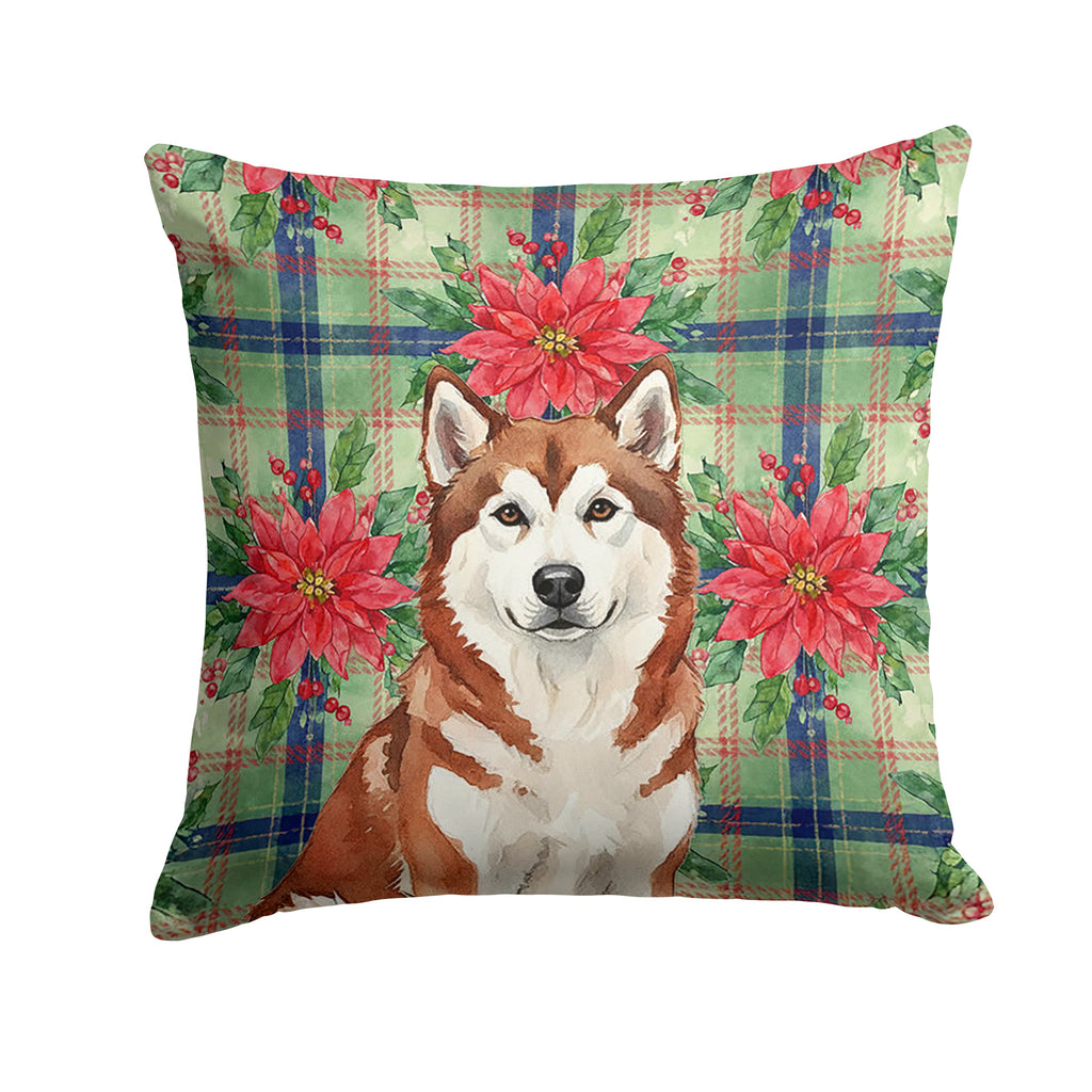 Red and White Alaskan Malamute Christmas Poinsettas Decorative Throw Pillow 18x18 Indoor Outdoor Accent Cushion, Fabric Cover with Insert for Sofa, Bed, Porch & Living Room