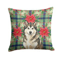 Sable and White Alaskan Malamute Christmas Poinsettas Decorative Throw Pillow 18x18 Indoor Outdoor Accent Cushion, Fabric Cover with Insert for Sofa, Bed, Porch & Living Room