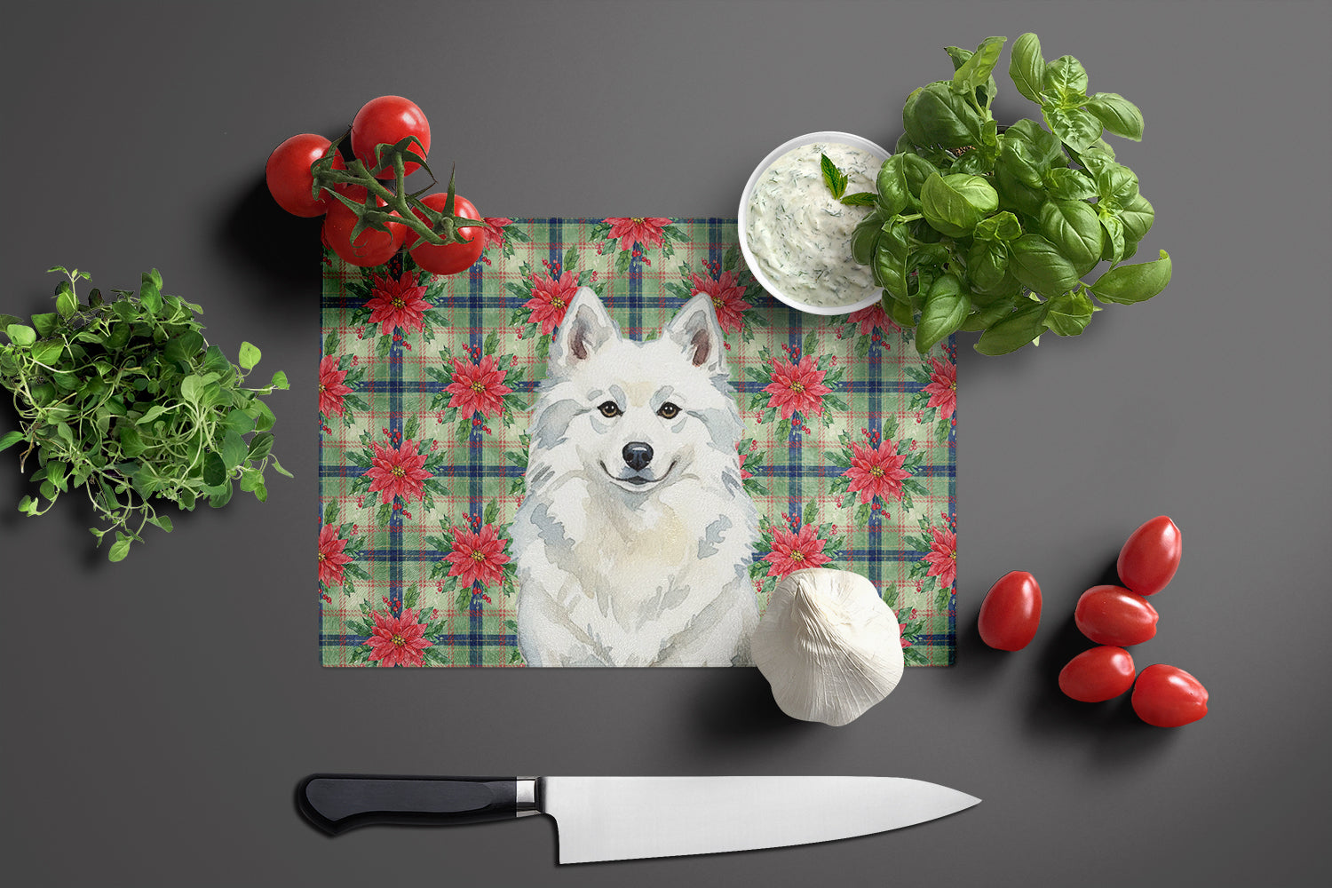 American Eskimo Christmas PoinsettIas Cutting Board Tempered Glass Kitchen Cutting Surface, Heat Resistant Chopping, Non-Slip Feet, Food Prep & Serving