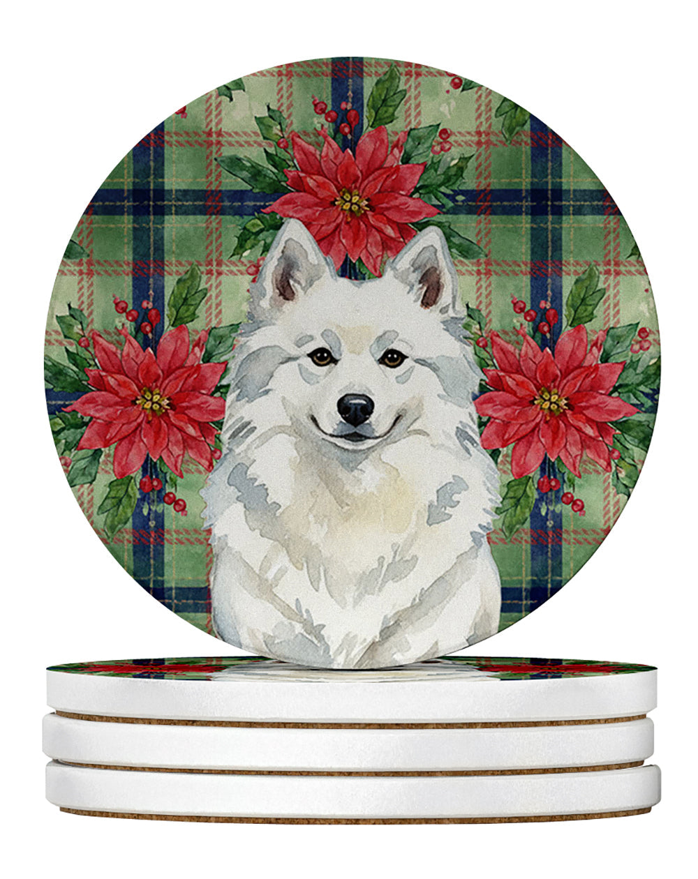 American Eskimo Christmas PoinsettIas Large Sandstone Coasters Pack of 4 Absorbent Round Coasters Decor Gifts for Men or Women, 4 in, Multicolor