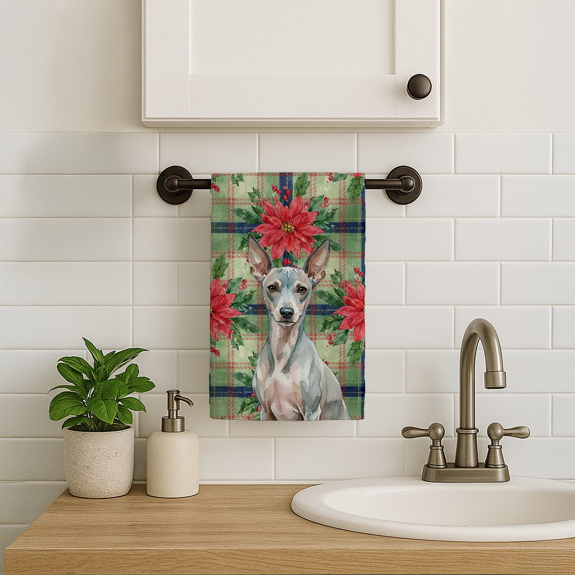 American Hairless Terrier Christmas PoinsettIas Kitchen Towel Velour Plush Front and Cotton Loop Back Machine Washable