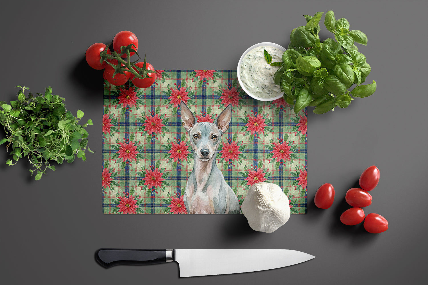 American Hairless Terrier Christmas PoinsettIas Cutting Board Tempered Glass Kitchen Cutting Surface, Heat Resistant Chopping, Non-Slip Feet, Food Prep & Serving