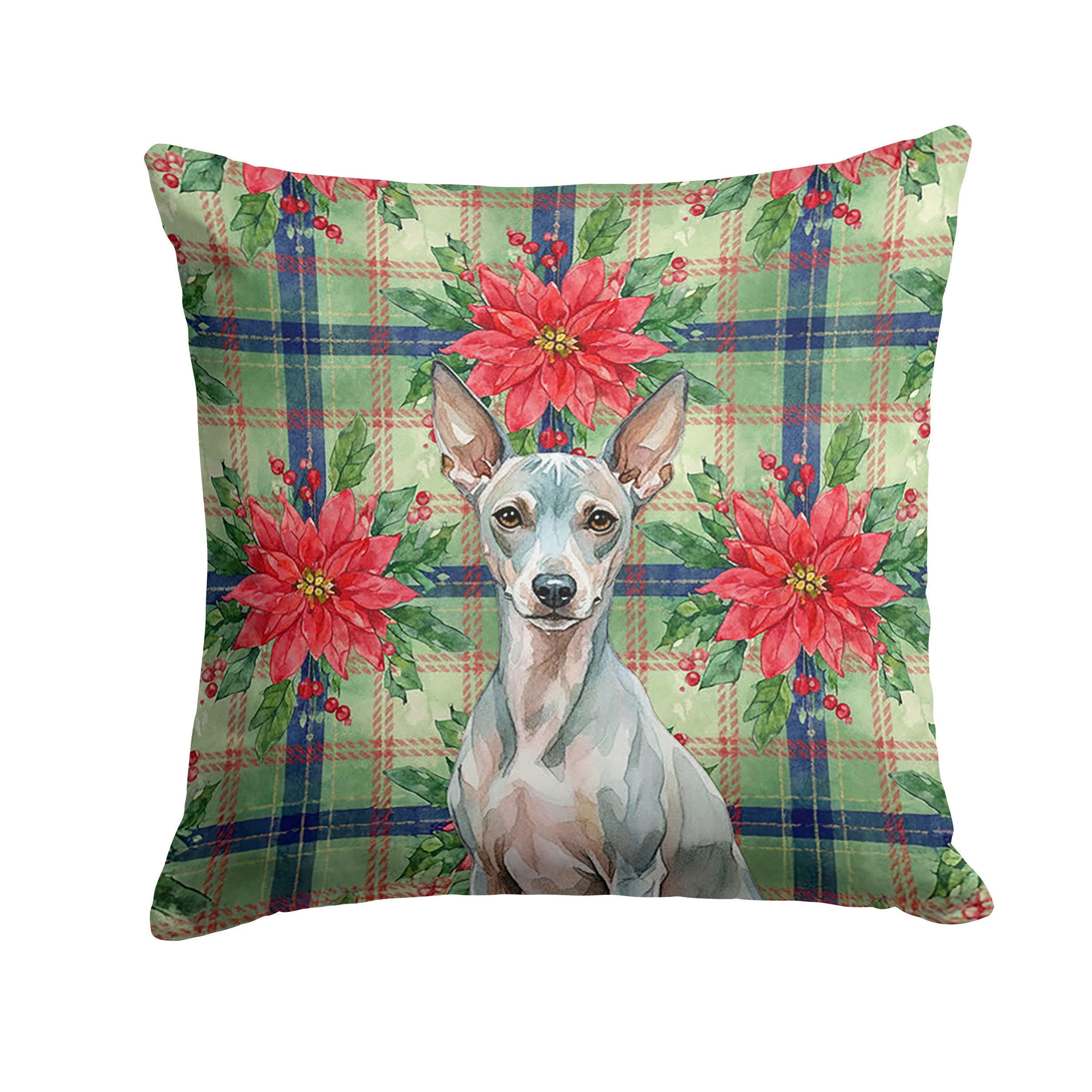 American Hairless Terrier Christmas PoinsettIas Decorative Throw Pillow 14x14 Indoor Outdoor Accent Cushion, Fabric Cover with Insert for Sofa, Bed, Porch & Living Room