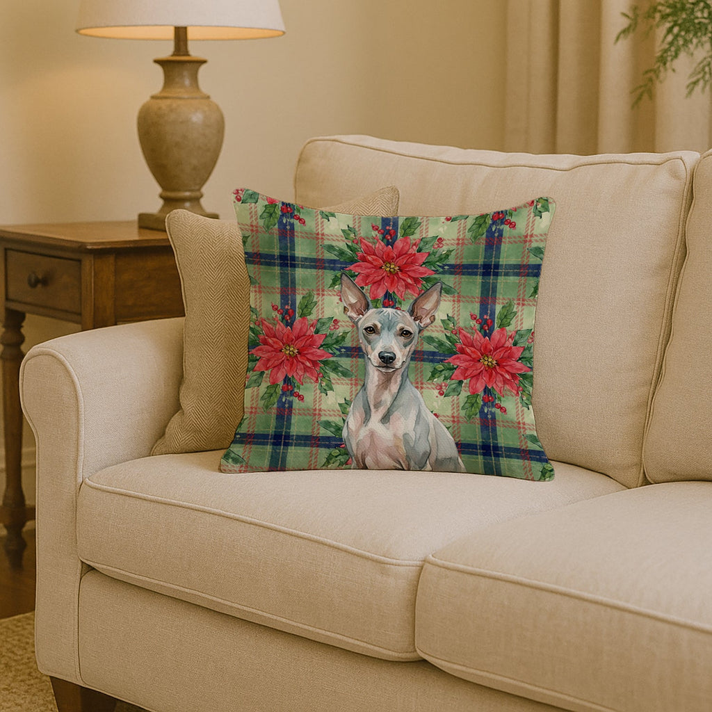 American Hairless Terrier Christmas PoinsettIas Decorative Throw Pillow 14x14 Indoor Outdoor Accent Cushion, Fabric Cover with Insert for Sofa, Bed, Porch & Living Room