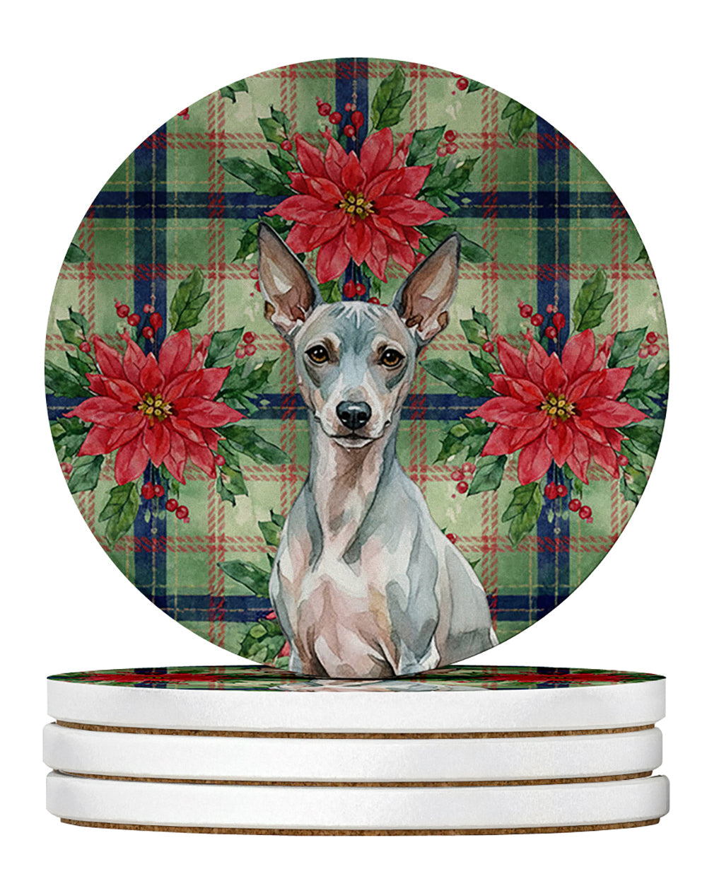 American Hairless Terrier Christmas PoinsettIas Large Sandstone Coasters Pack of 4 Absorbent Round Coasters Decor Gifts for Men or Women, 4 in, Multicolor