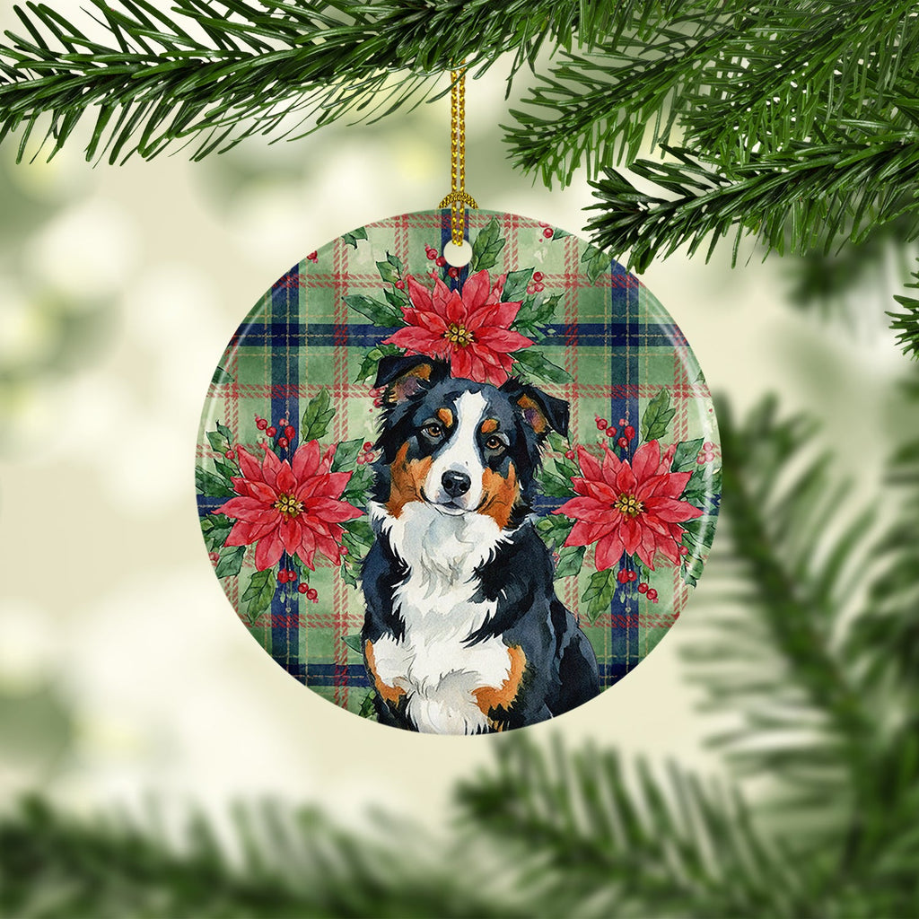 Black Tri American Shepherd Christmas PoinsettIas Ceramic Ornament Christmas Tree Hanging Decorations for Home Christmas Holiday, Party, Gift, 3 in, Multicolor