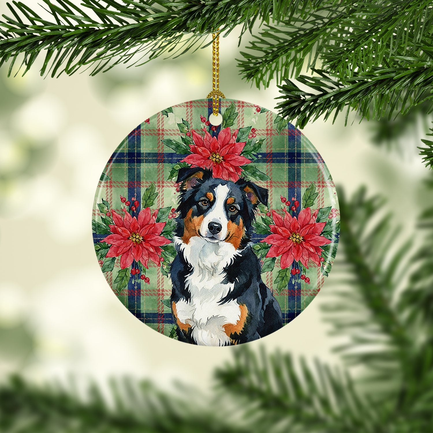 Black Tri American Shepherd Christmas PoinsettIas Ceramic Ornament Christmas Tree Hanging Decorations for Home Christmas Holiday, Party, Gift, 3 in, Multicolor