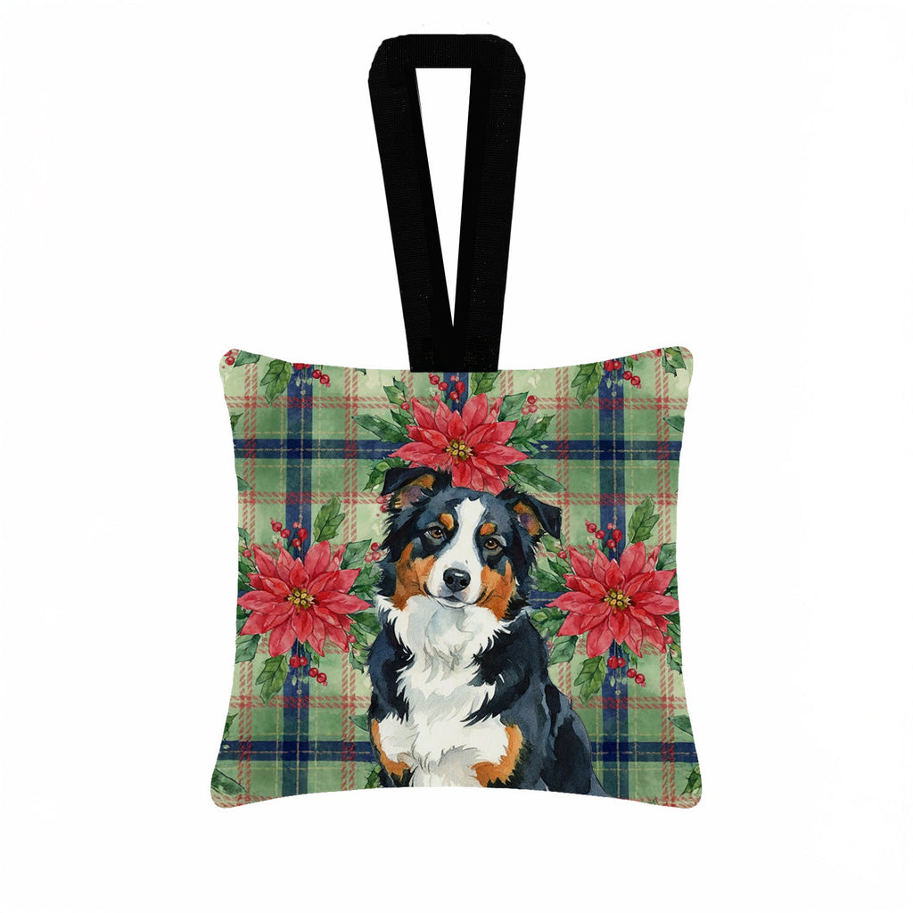 Black Tri American Shepherd Christmas PoinsettIas Hanging Square Fabric Ornament 3.5 � 3.5 Decorative Door-Knob & Tree Hanger, Soft Fabric