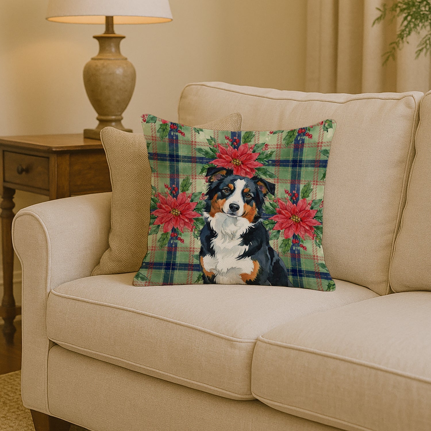 Black Tri American Shepherd Christmas PoinsettIas Decorative Throw Pillow 14x14 Indoor Outdoor Accent Cushion, Fabric Cover with Insert for Sofa, Bed, Porch & Living Room