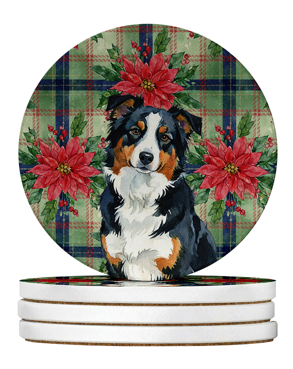 Black Tri American Shepherd Christmas PoinsettIas Large Sandstone Coasters Pack of 4 Absorbent Round Coasters Decor Gifts for Men or Women, 4 in, Multicolor